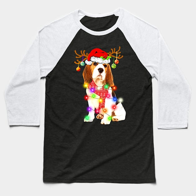 Funny Beagle Santa Hat Dog Reindeer Christmas Lights Gift Dog Lover Baseball T-Shirt by BoongMie